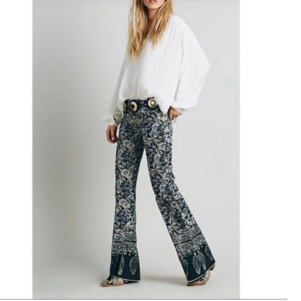 Free People Bali Flare Feather Paisley Printed Boho Festival Microcords sz27